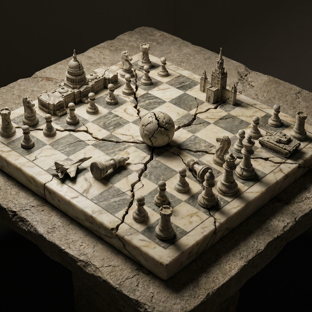 Cracked stone chessboard featuring global landmarks, military vehicles, and a crumbling center globe.