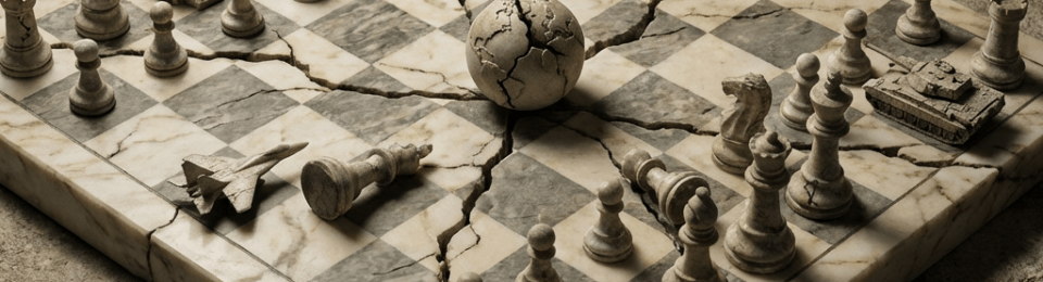 Cracked stone chessboard featuring global landmarks, military vehicles, and a crumbling center globe.