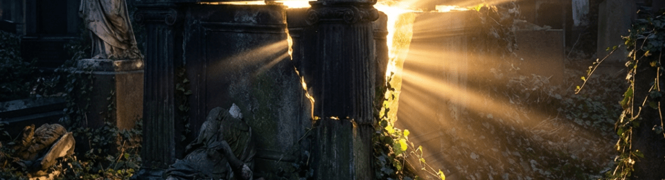 Golden light bursts from a cracked stone tomb in an overgrown, dark cemetery.