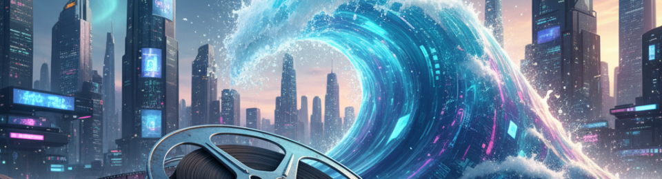 Large vintage film reel on a beach with a digital wave and futuristic city skyline.