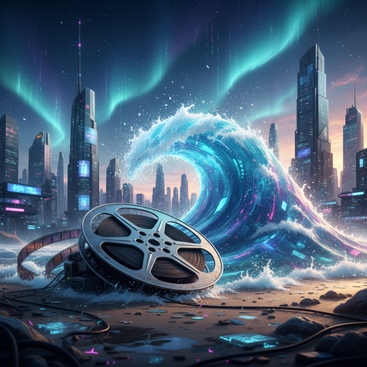 Large vintage film reel on a beach with a digital wave and futuristic city skyline.