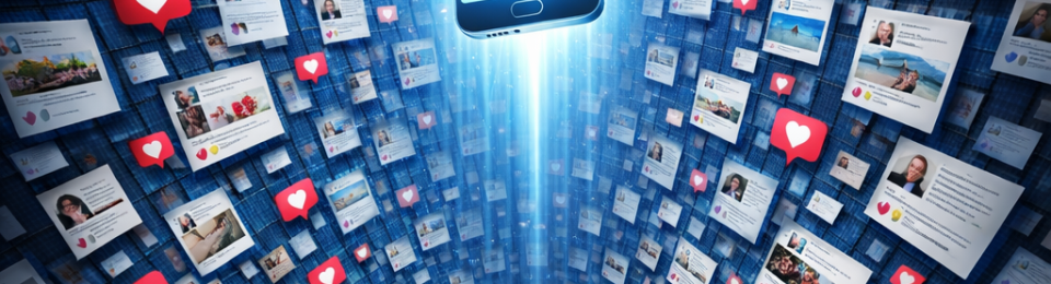 Smartphone surrounded by many social media posts and red heart like icons