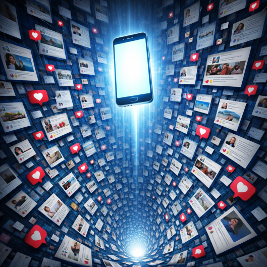 Smartphone surrounded by many social media posts and red heart like icons