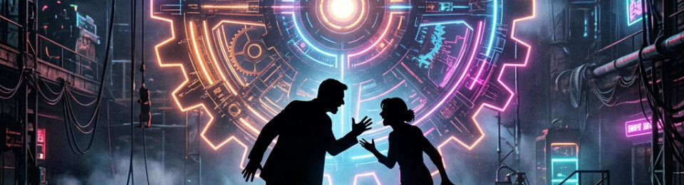 Two people arguing in silhouette on a stage with a large neon mechanical gear behind them