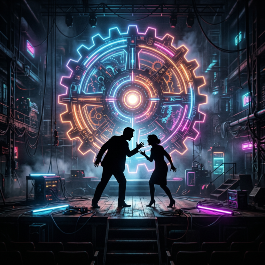 Two people arguing in silhouette on a stage with a large neon mechanical gear behind them