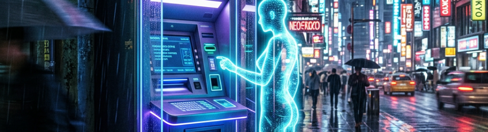 Holographic figure operating a futuristic ATM on rainy urban street with neon signs