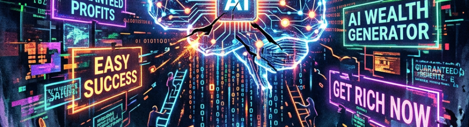 Glowing AI brain surrounded by phrases like quick riches, guaranteed profits, easy success, AI wealth generator, and get rich now
