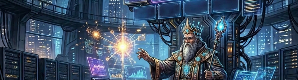 Elderly man in regal robes seated on a throne surrounded by holographic AI data displays and server racks