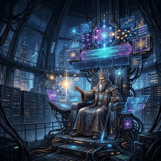 Elderly man in regal robes seated on a throne surrounded by holographic AI data displays and server racks