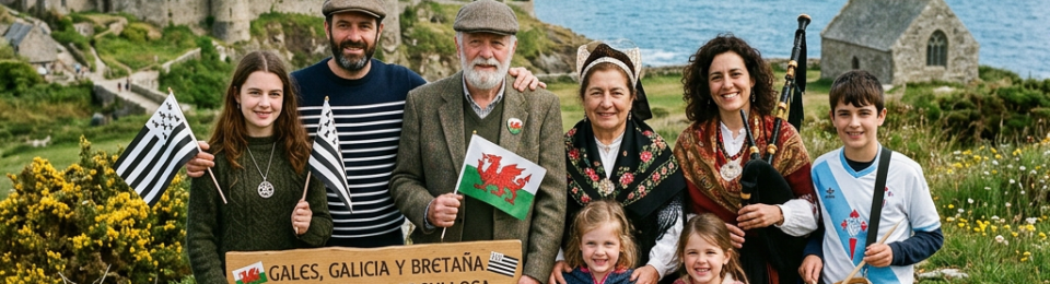 Multigenerational family in traditional Celtic attire holding flags and instruments by the sea