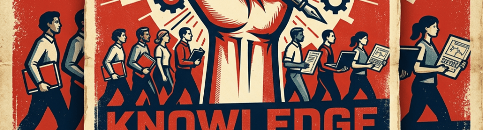 Raised fist holding a feather pen with diverse people carrying laptops and documents, text reads 'Knowledge Workers of the World Unite'