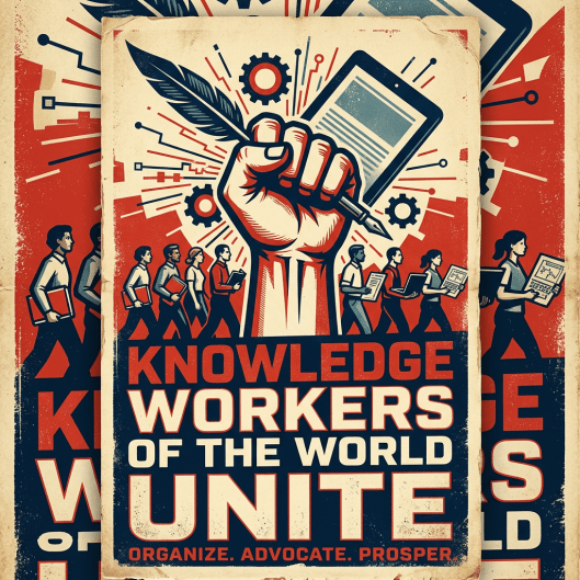 Raised fist holding a feather pen with diverse people carrying laptops and documents, text reads 'Knowledge Workers of the World Unite'