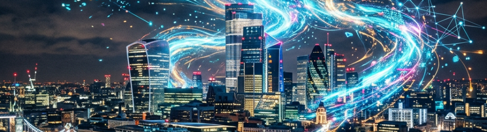 Night city skyline with colorful digital data streams swirling above buildings