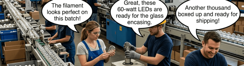 Factory workers inspecting and packaging light bulbs on an assembly line