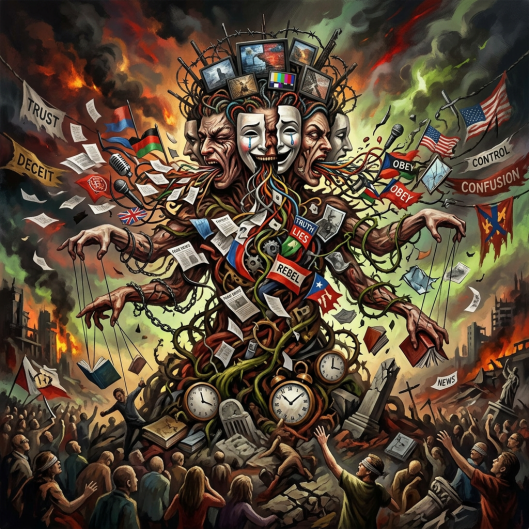 Multi-faced figure with TV heads and clocks controlling puppet-like people amid flames and flags