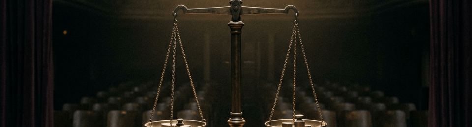 Vintage balance scale on wooden table in dimly lit empty courtroom