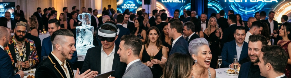 Group of people networking and interacting at the Future Tech Gala with technology displays in the background