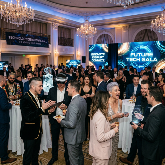 Group of people networking and interacting at the Future Tech Gala with technology displays in the background