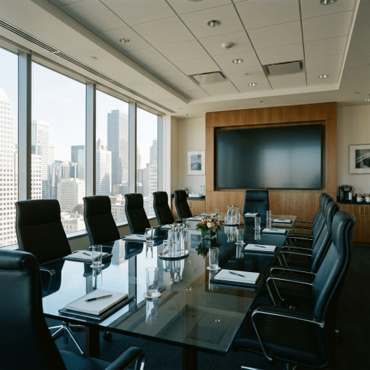 Conference room with large glass table, black leather chairs, notebooks, and water glasses overlooking city skyscrapers