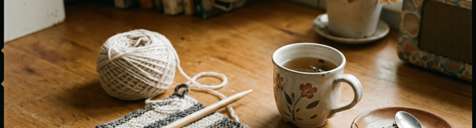 Knitting needles and yarn with tea cup and potted plants on wooden table