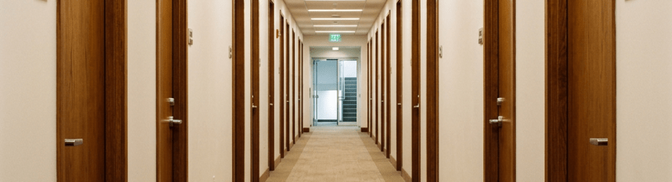 Office hallway with beige carpet and wooden doors on both sides