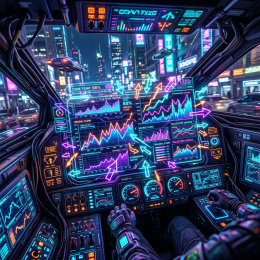 Futuristic vehicle cockpit with holographic data and control panels in a neon-lit city