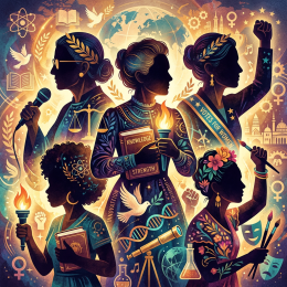 Silhouettes of diverse women holding books, torches, microphone, and paintbrushes surrounded by symbols of science, justice, and peace.