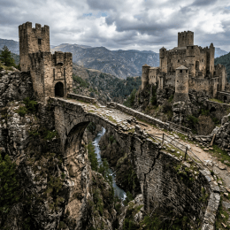 Stone fortress and bridge spanning a deep mountain gorge