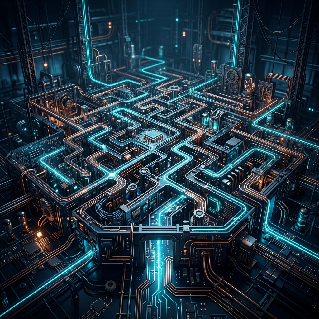 Glowing cyan and copper circuits winding through a futuristic machine complex