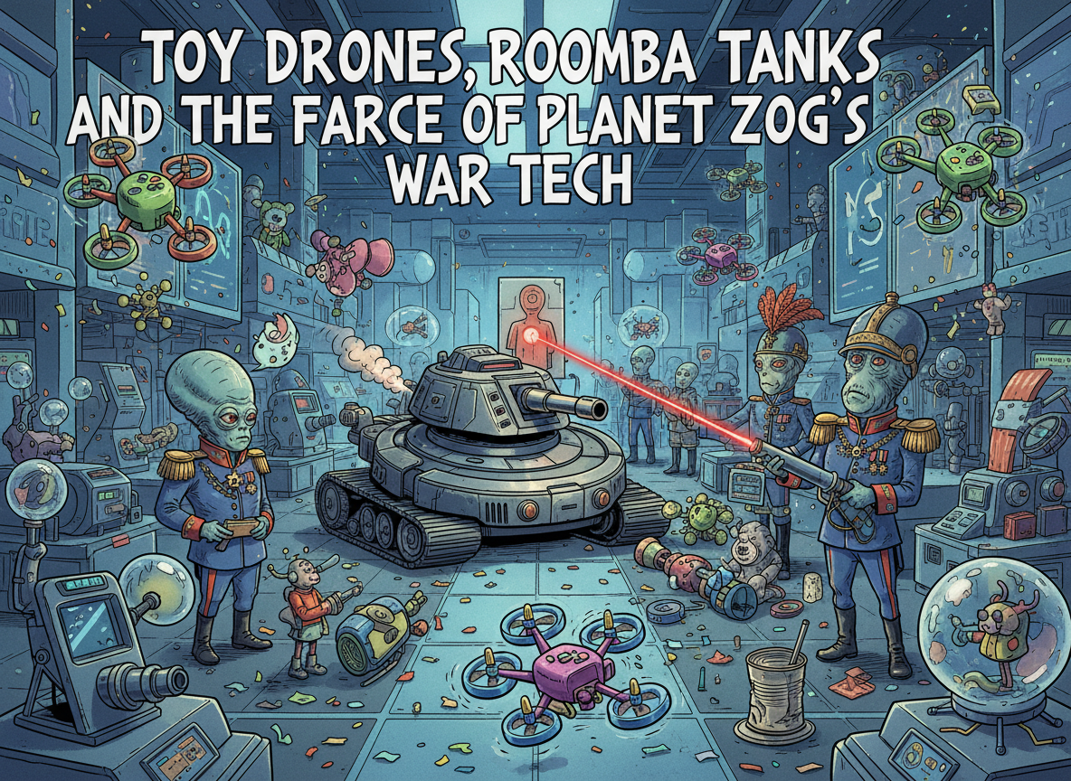 A satirical editorial illustration for an article titled “Toy Drones, Roomba Tanks and the Farce of Planet Zog’s War Tech”: a ridiculous futuristic military exhibition featuring tiny toy-like quadcopter drones, a heavily armored Roomba-style tank, oversized laser pointers, and comically serious alien officers from Planet Zog. Witty political cartoon tone, richly detailed, cinematic composition, no readable text, no logos.