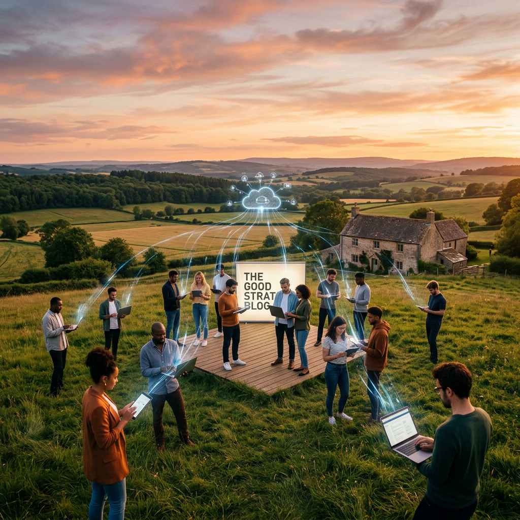 People using devices beneath a cloud network; sign reads “THE GOOD STRAT BLOG.”