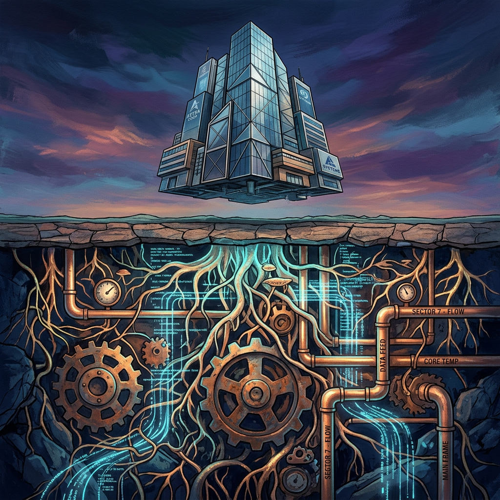Floating futuristic tower above underground gears, pipes, roots, and data streams