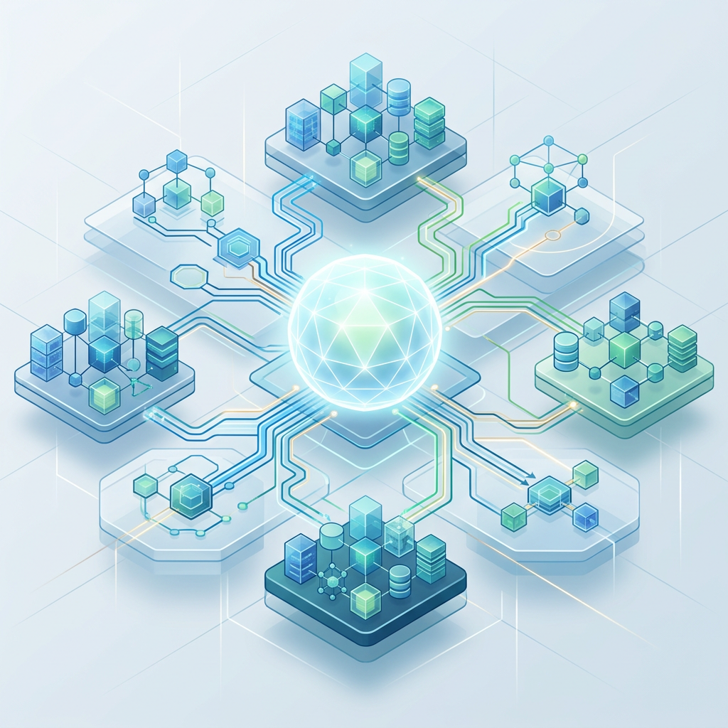 Glowing central network connecting six distributed data platforms