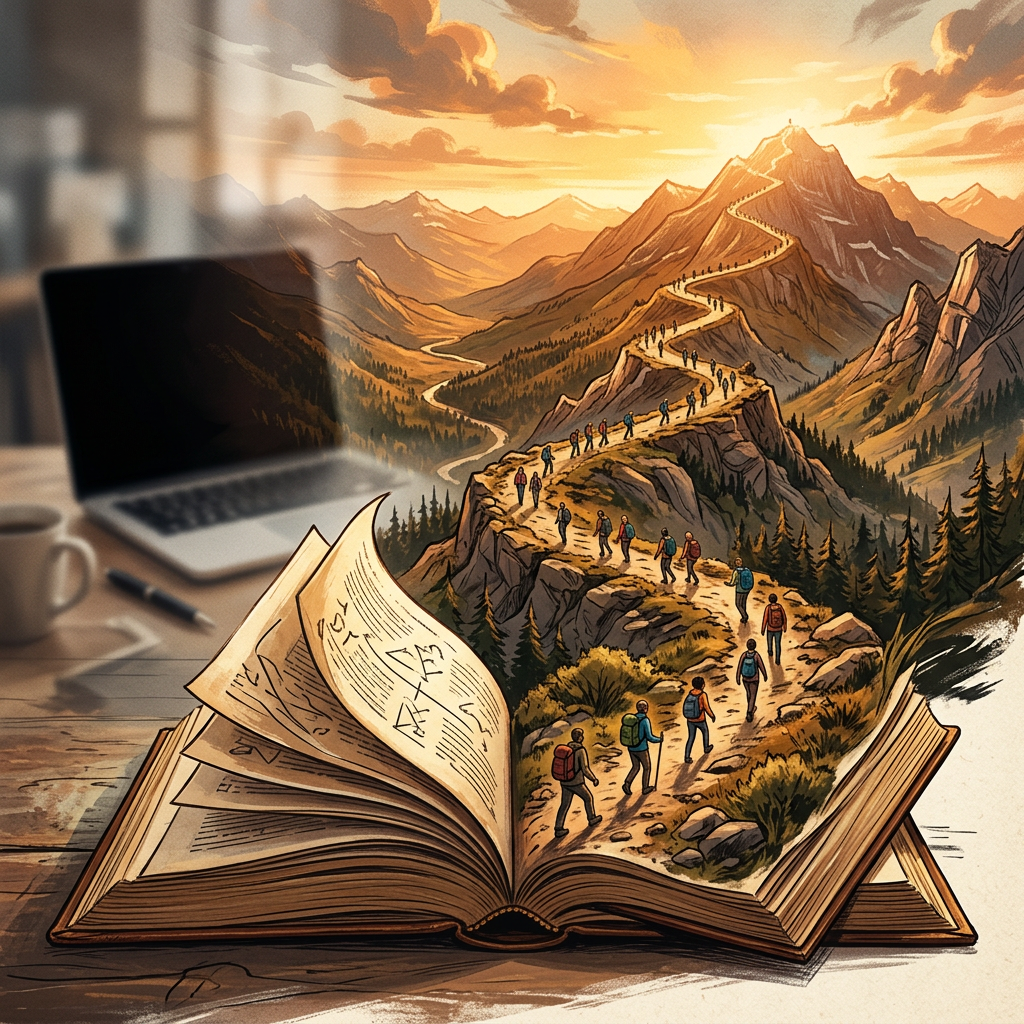 Open book depicting hikers following a mountain trail at sunset